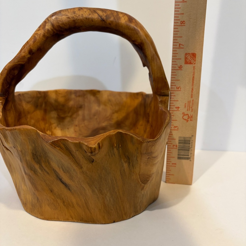 Hand Carved Root Wood Basket Brown Live Edge Rustic Decorative Bowl Handle - Picture 5 of 11